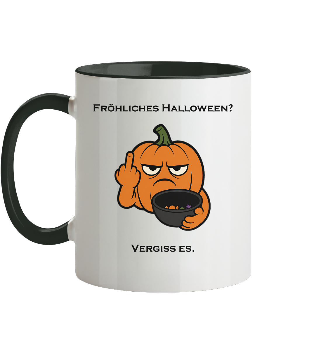 Tasse „Fröhliches Halloween? Vergiss es." – lustige Kaffeetasse mit Mittelfinger-Kürbis | Halloween Geschenk für Muffel